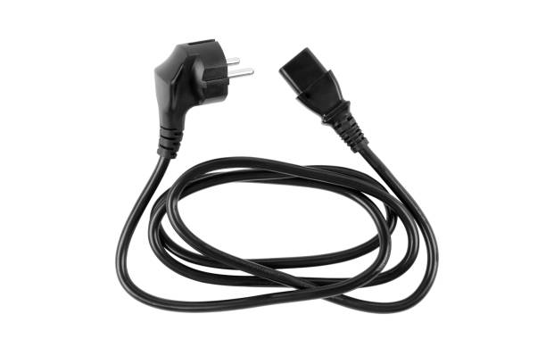 istock Black power plug isolated on white background. Power cable with plug and socket isolated on white. 1367980629