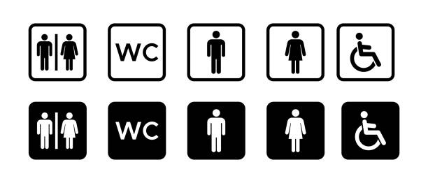 화장실 또는 privies 벡터 기호. wc 사인 - silhouette interface icons wheelchair icon set stock illustrations