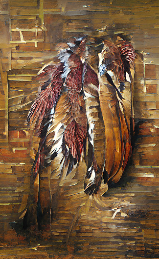 Old fashion setting pheasant feathers hanging on a wood wall