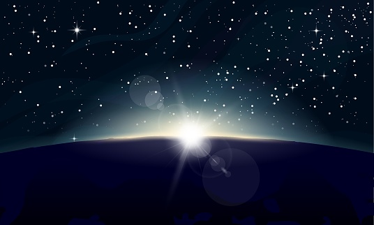 Horizontal poster of rising Sun above the Earth and stars in background. View from space, with glowing on horizon, lens flare. Space and dark night planet. Beginning of new day. Sun rays and glow.