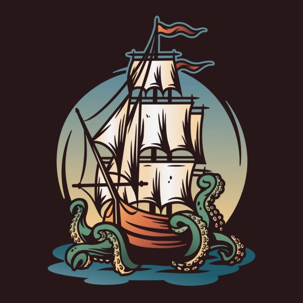 illustrazioni stock, clip art, cartoni animati e icone di tendenza di marina nautica e kraken, voglia di viaggiare - outdoors kraken flowing flowing water
