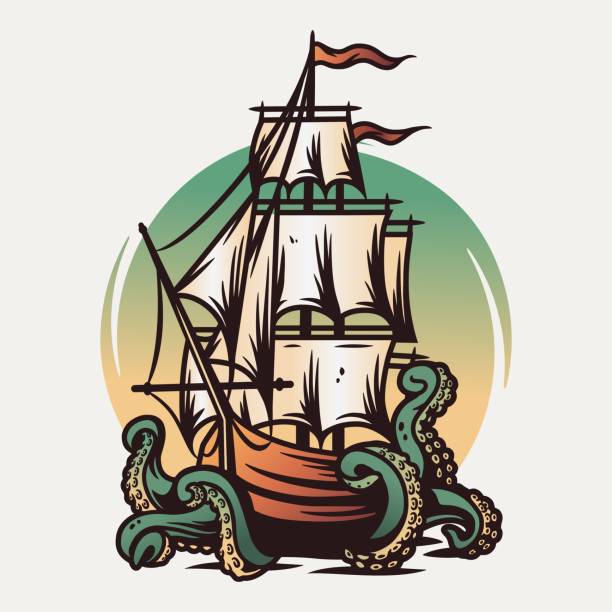 illustrations, cliparts, dessins animés et icônes de navire nautique marin et kraken, envie de voyager - outdoors kraken flowing flowing water