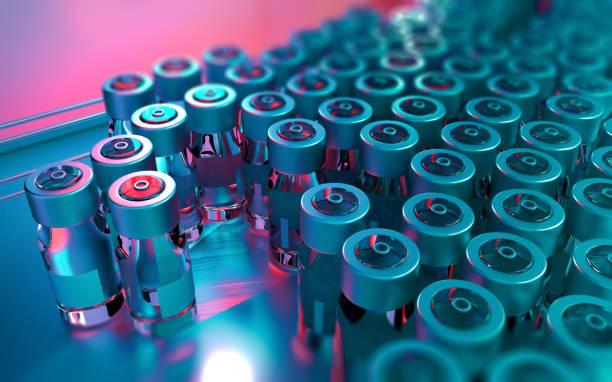 Close-up of vaccination vials on a manufacturing production line Close-up of vaccination glass vials on a manufacturing production line, with metal caps and blank labels, moving on a conveyor belt. Industrial background, manufacturing equipment. Red and blue lights. Digitally generated image. Selective focus. drug manufacturing stock pictures, royalty-free photos & images