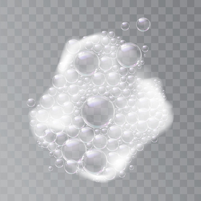 Soapy water with bubbles, lather liquid washing and cleaning, hygiene and cleanliness. Vector splashes and soap detergent, bubbly foamy water. Suds isolated on transparent background, realistic foam