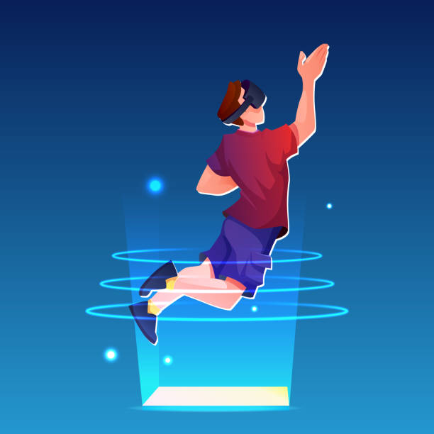 istock Life and entertainment in metaverse universe. Vector male character wearing VR goggles playing game, communicating. Futuristic network and cyberspace visual experience and interaction in digital space 1367987433