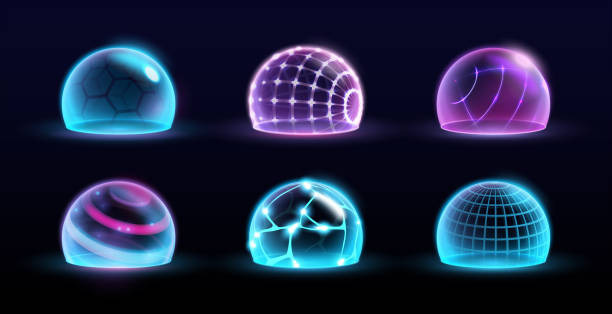 Safe and protected hemispheres set, isolated neon spheres with grid and mesh. Vector protection and security, digital space design. Planet globe parts with connected lines forming shield, illustration Safe and protected hemispheres set, isolated neon spheres with grid and mesh. Vector protection and security, digital space design. Planet globe parts with connected lines forming shield, illustration earth atmosphere stock illustrations