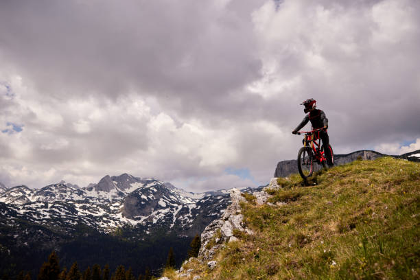istock Male mountain biker looking at beautiful mountain landscape 1367990208