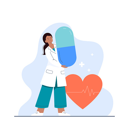 A young doctor with a big pill. The character of a female doctor of Indian ethnicity. Vector flat illustration for the clinic's website, applications.
