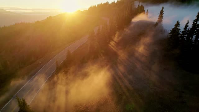 Flying in the clouds during sunset. Hurricane Ridge in Olympic National park, Washington, United States. Aerial drone shot of sunset in the mountains, rays of sun break through the fog.  Amazing sunset in the mountains