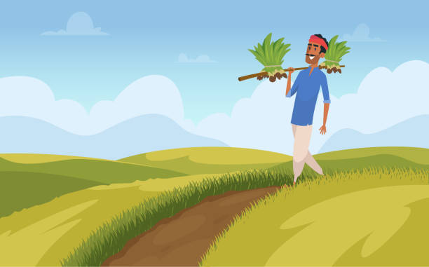 ilustrações, clipart, desenhos animados e ícones de fundo de colheita de índios. agricultor rural trabalhando em campo natureza pessoas agricultura colorido modelo exata ilustração vetorial - lugar de devoção religiosa