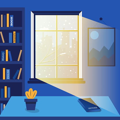 Dark room with a window. Winter room interior with window and grainy light. Table, window, bookshelf, books and picture. Vector illustration