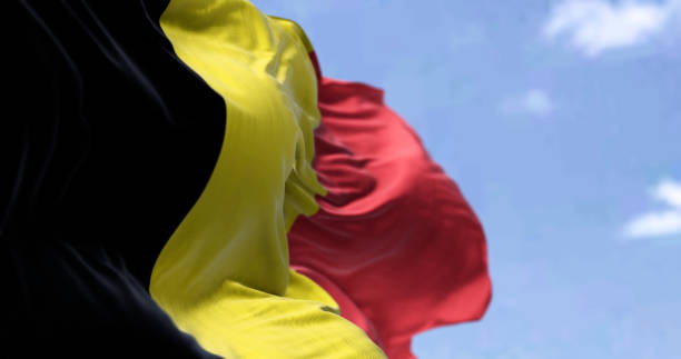 detail of the national flag of belgium waving in the wind on a clear day - 比利時皇室 個照片及圖片檔