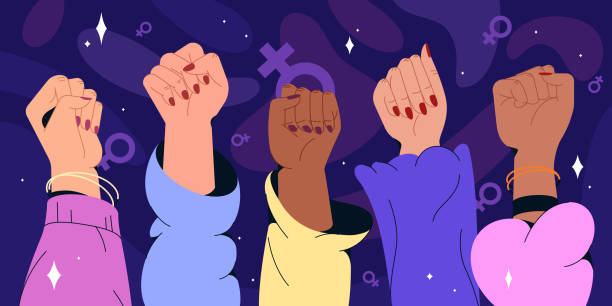 Flat women hands with feminism fists raised up Flat women hands different nationalities with feminism fists raised up. Gender equality, feminist movement, protest or revolution concept. Fist gesture symbol of strength, woman rights or female power womens rights stock illustrations