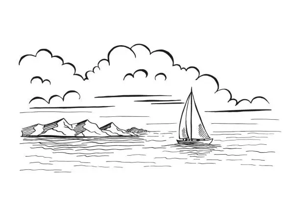 Vector illustration of Seascape. Landscape, sea, sailboat, rocks. Hand drawn vector illustration.