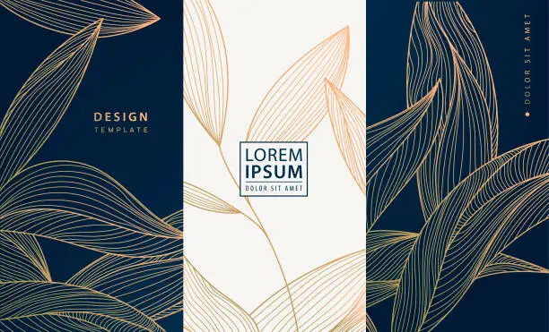 Vector illustration of Set of vector collection design elements: labels, frames, wedding invitations, social net stories, packaging, luxury products, perfume, soap, wine, lotion. Golden leaves, art deco.