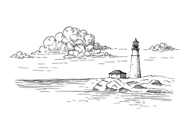 Vector illustration of Seascape. Lighthouse. Hand drawn illustration converted to vector.