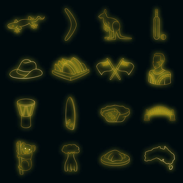 Australia travel icons set vector neon Australia travel icons set. Illustration of 16 Australia travel vector icons neon color on black boomerang neon stock illustrations