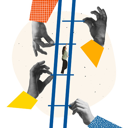 Creative design. Contemporary art collage. Four giant hands building stairs and helping young employee to reach the top of success. Concept of business, successful employee, promotion, teamwork, help