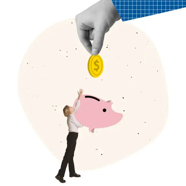 Creative design. Giat hand putting coin into a piggy bank symbolizing earning and savings. Employee getting salary. Concept of business, economy, money, savings, growth, financial education