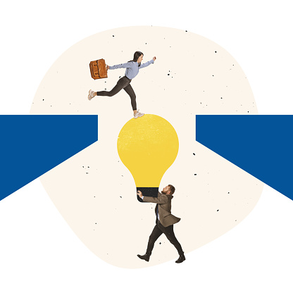 Contemporary art collage. Businessman holding lightbulb and helping woman, employee to walk across the cliff. Team help, partnership assistance. Concept of business, promotion, success, opportunity