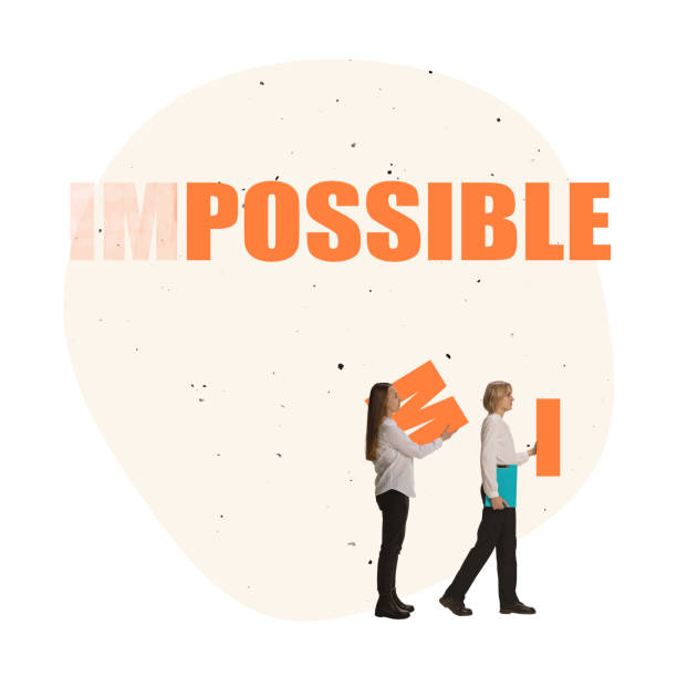 istock Contemporary art collage. Business people, employees changing word impossible symbolizing that everything is possible 1367999372