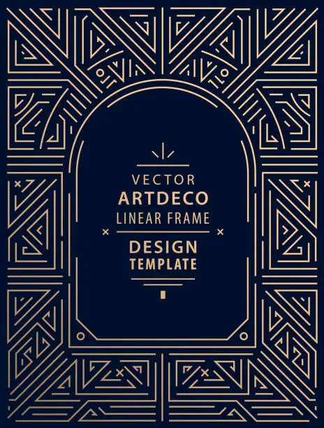 Vector illustration of Vector arch art deco line border. Modern arabic gold frame, decorative geometric label frame. Linear ornament composition, vintage. Use for packaging, branding, decoration, etc.