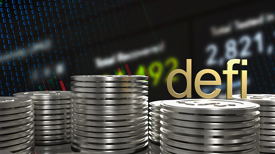 gold defi text  on silver coins business background  3d rendering