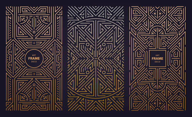 vektor-set aus monogramm-design im trendigen vintage- und mono-linien-stil mit platz für text, abstrakten goldenen geometrischen rahmen, luxuriösen verpackungsvorlagen. verwenden sie für anzeige, poster, karte, cover. - backgrounds abstract decoration design stock-grafiken, -clipart, -cartoons und -symbole