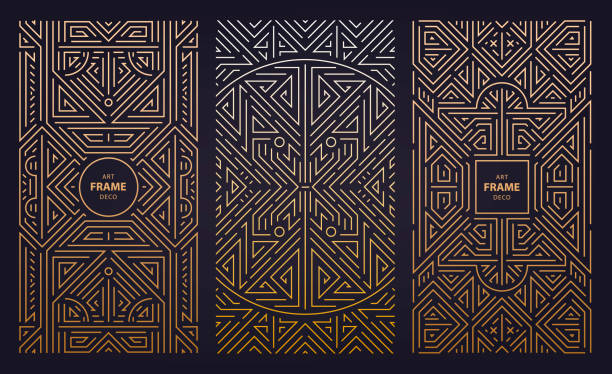 Vector set of monogram design in trendy vintage and mono line style with space for text, abstract golden geometric frames, luxury packaging templates. Use for ad, poster, card, cover. Art deco