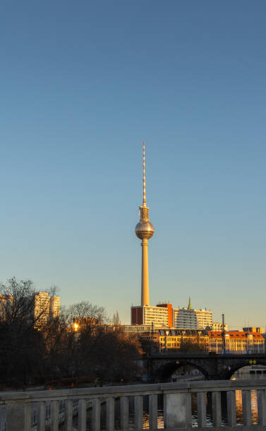 Berlin, Germany - December 25, 2021: View of the television tower in central Berlin , a walk on a cold winter day in the Mitte district