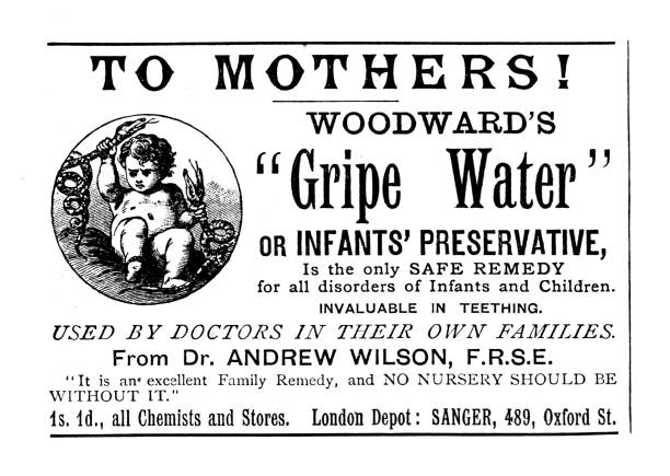 Victorian advertisements Woodward's gripe water; black border; Our Own Gazette 1888 Victorian advertisements of businesses no longer in existence taken from Our Own Gazette 1888 woodward stock illustrations