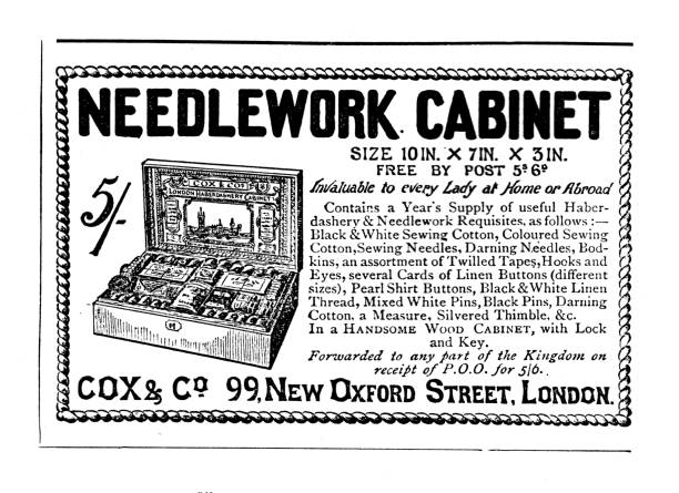 ilustraciones, imágenes clip art, dibujos animados e iconos de stock de anuncios victorianos; gabinete de costura; cox & co new oxford street londres; cuerda y borde negro; nuestra propia gaceta 1888 - sewing box