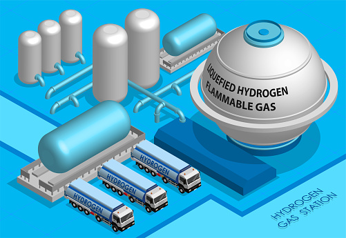 Isometric modern plant, factory for production of liquefied hydrogen. Gasoline tanker on hydrogen gas station. Cargo fuel truck with tank. Realistic 3D vector on blue back