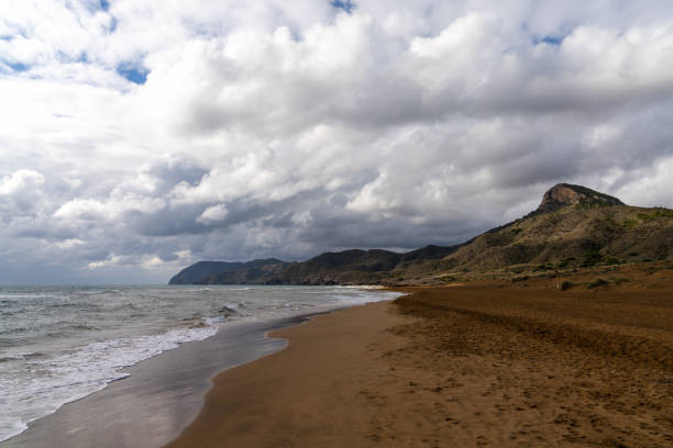 istock golden brown sandy beach landscape with mountain landscape behind under an expressive sky 1368002953