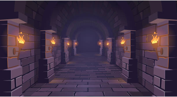 Dungeon. Long medieval castle corridor with torches. Interior of ancient Palace with stone arch. Vector illustration. Dungeon. Long medieval castle corridor with torches. Interior of ancient Palace with stone arch. Vector illustration. medieval stock illustrations
