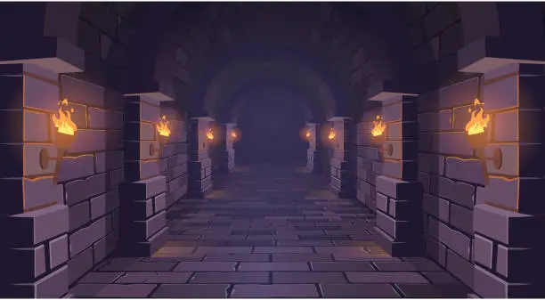 Vector illustration of Dungeon. Long medieval castle corridor with torches. Interior of ancient Palace with stone arch. Vector illustration.