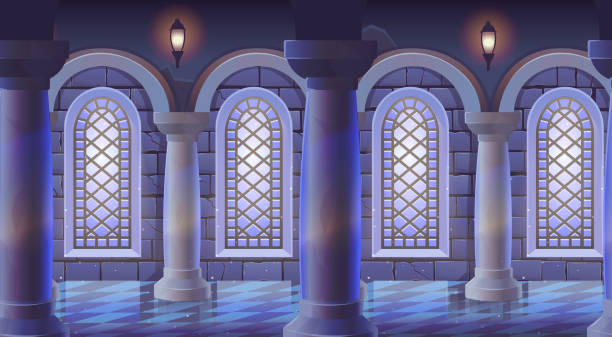 istock Seamless background.Medieval castle room with stained glass windows, columns marble floor and stone wall. Interior of ancient Palace. Background for games Vector illustration of cartoon corridor. 1368003093