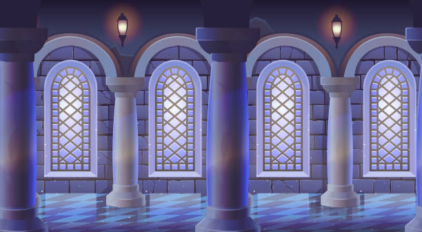 Seamless background.Medieval castle room with stained glass windows, columns marble floor and stone wall. Interior of ancient Palace. Background for games Vector illustration of cartoon corridor. Seamless background.Medieval castle room with stained glass windows, columns marble floor and stone wall. Interior of ancient Palace. Background for games Vector illustration of cartoon corridor. turret arch stock illustrations