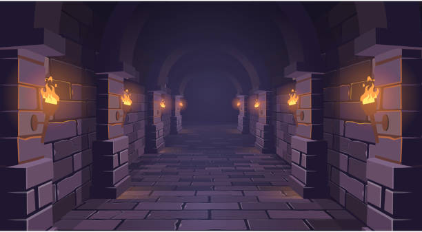 istock Dungeon. Long medieval castle corridor with torches. Interior of ancient Palace with stone arch. Vector illustration. 1368003100