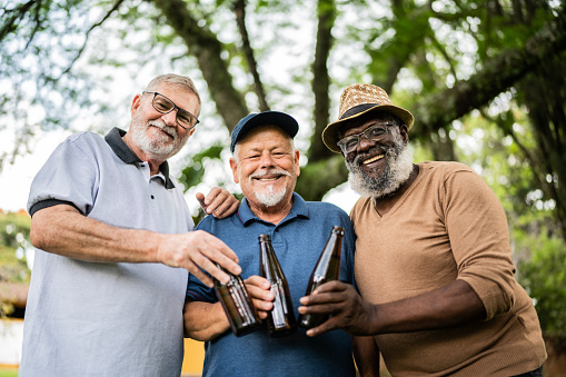 Portrait of senior men toasting with beer bottles outdoors
