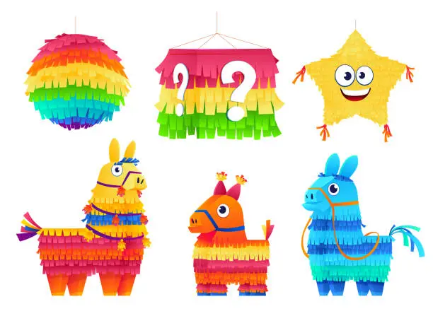 Vector illustration of Collection Mexican pinatas for birthday party isometric vector traditional Mexico decoration