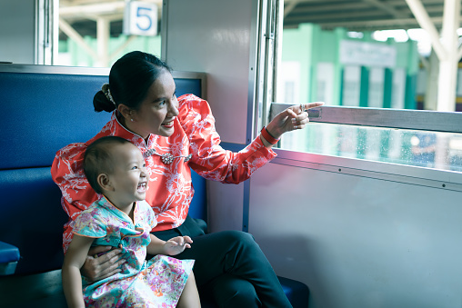 Asian mother and her infant daughter enjoy traveling by train. Mother points finger outside the window, daughter happy and laughing.