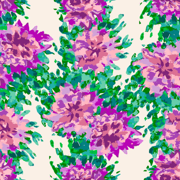 stockillustraties, clipart, cartoons en iconen met seamless pbackground from watercolor  drawings of abstract pink flowers with green leaves - watercolour brush strokes green background