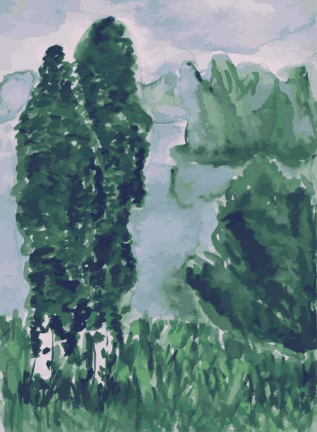 istock Watercolor drawing of summer landscape with birch trees, bushes, grass by lakeside on cloudy day 1368007234