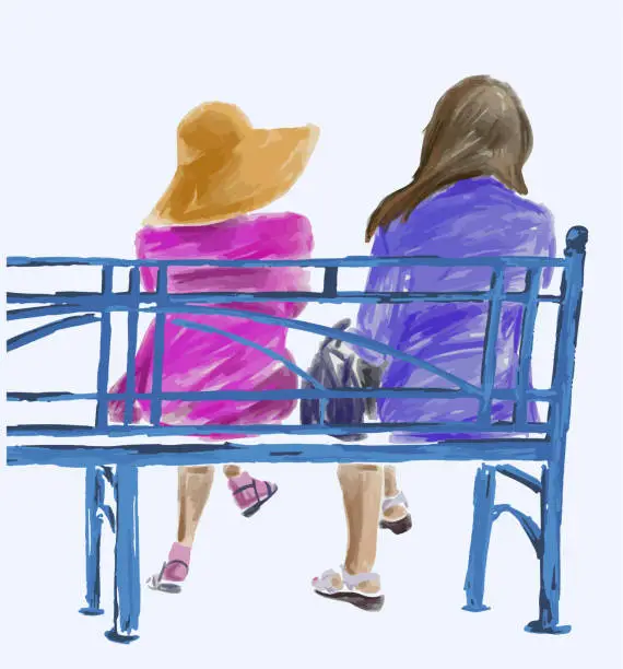 Vector illustration of Watercolor sketch of casual citizens sitting on blue park bench for resting on summer day