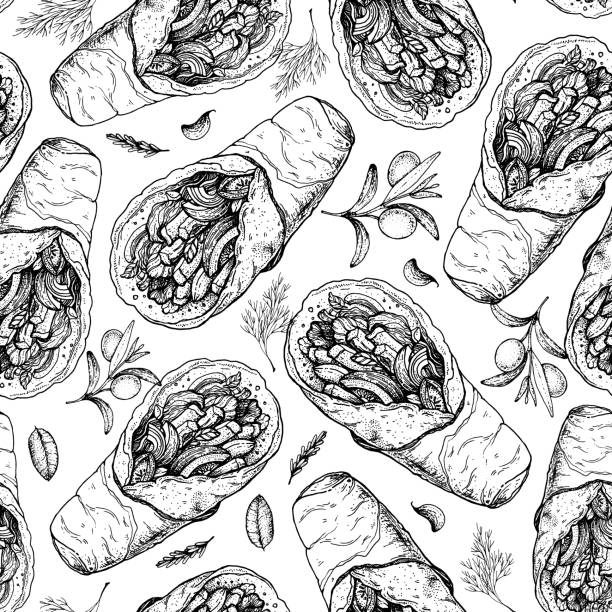 Shawarma sandwich seamless pattern. Packaging sketch design. Hand drawn vector illustration. Fast food background. Shawarma sandwich seamless pattern. Packaging sketch design. Hand drawn vector illustration. Fast food background wrapping paper illustrations stock illustrations