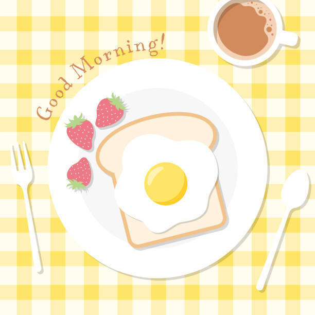 vektorhintergrund mit frühstück mit spiegelei, brot, erdbeeren und einer tasse kaffee für banner, karten, flyer, social-media-tapeten usw. - setzei stock-grafiken, -clipart, -cartoons und -symbole