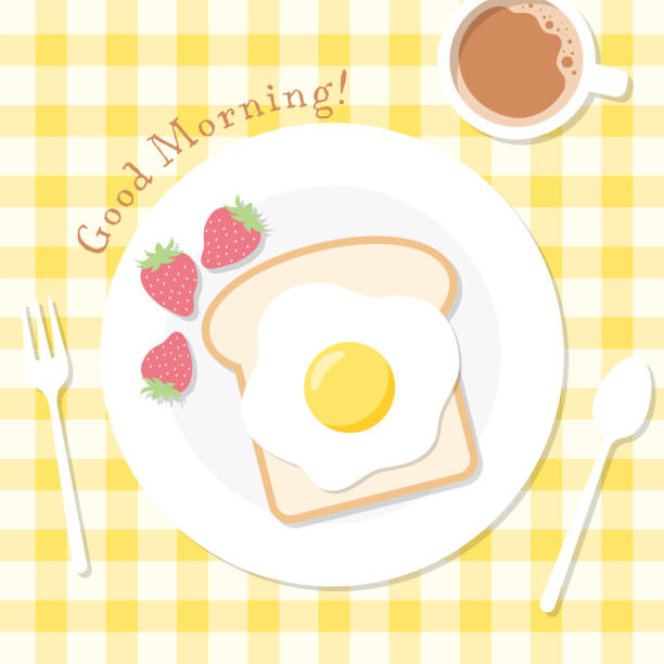 vector background with breakfast with a fried egg, bread, strawberries and a cup of coffee for banners, cards, flyers, social media wallpapers, etc. vector background with breakfast with a fried egg, bread, strawberries and a cup of coffee for banners, cards, flyers, social media wallpapers, etc. breakfast borders stock illustrations