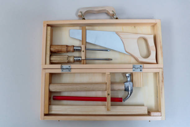 istock Wooden box with various types of tools 1368008679