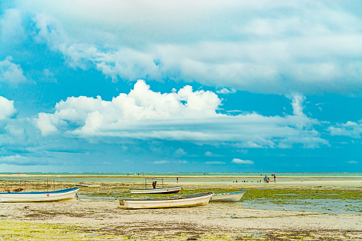 Fishing boats on a sand during low tide in Indian ocean . Zanzibar, Tanzania.